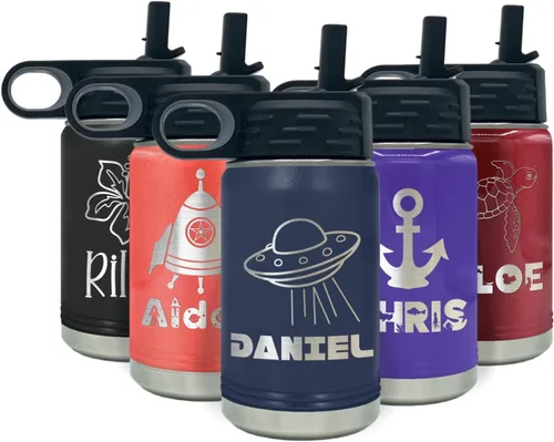 Vista 31 de Botella de agua para niños personalizada con nombre en botella de agua aislada con anillo verde mate de 12 onzas