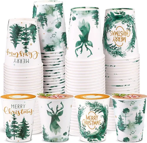 Vista 8 de Funtery 100 piezas de vasos de papel de Navidad, vasos de café desechables de Navidad con copos de nieve, muñeco de nieve, alce, luces, 9 onzas