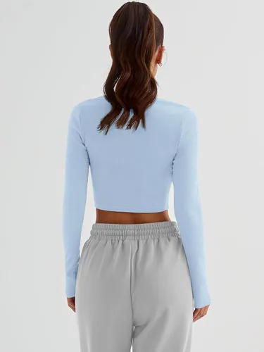 Vista 6 de Trendy Queen Camisetas cortas de manga larga para mujer, básicas, acanaladas, ajustadas, informales, de otoño, a la moda, Y2K, ropa