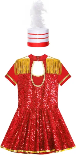 Vista 4 de MSemis Disfraz de Majorette de lentejuelas para niñas, con borlas, gorra de línea A, vestido de uniforme de maestro de anillos real