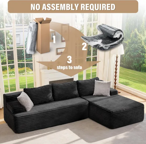 Vista 8 de Hobestluk - Sofá modular sin hueso, sofá seccional en forma de L 96" Right Facing Chaise Black,Memory Foam,Removable Cover,Non-slip Bottom,No