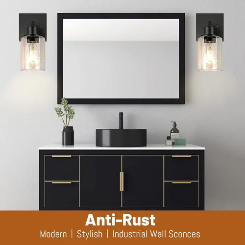 Vista 3 de Juego de 2 apliques de pared, juego de luces de baño negro mate, juego de luces de pared de granja, luces de tocador con pantalla de vidrio