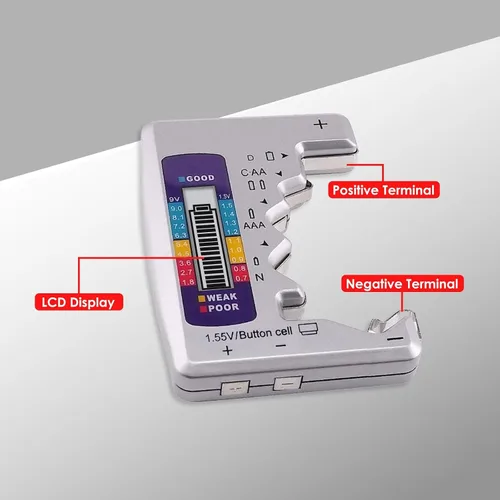 Vista 3 de Probador de batería Comprobador de siete tipos de batería C AA AAA D N 9V (6F22) y baterías de 1.55V..