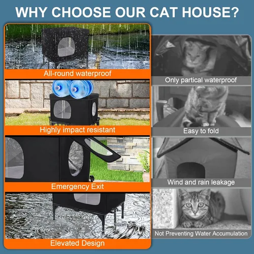 Vista 2 de Casa para gatos al aire libre, resistente a la intemperie, aislada, para gatos con cojín acogedor, refugio elevado para gatos al aire libre