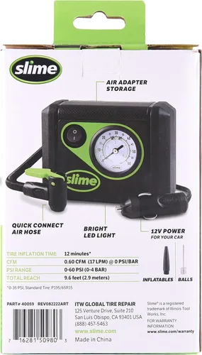 Vista 3 de Slime 40059 Inflador de neumáticos, Junior, Compacto, Potente, Compresor de Aire Portátil para Coche, Ligero, Analógico, Reparación de Neumáticos