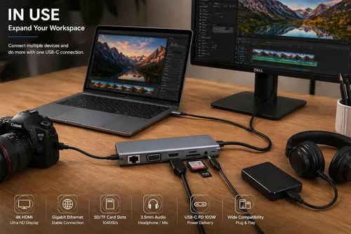Vista 9 de Estación de acoplamiento multipuerto USB-C 11 en 1 con HDMI 4K, VGA, Ethernet, 100 W PD, USB 3.0, lector de tarjetas SD/TF y conector de audio