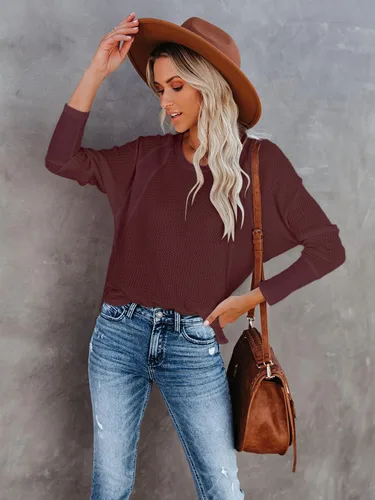 Vista 4 de SOLERSUN Womens Waffle Knit Tops Long Sleeve Crewneck Casual Loose Blouses Lightweight Pullover Jumper 2023 Fall