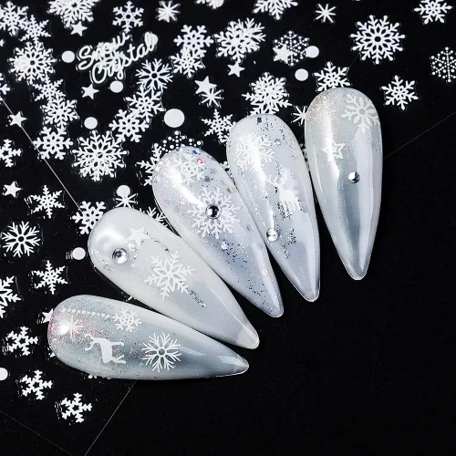 Vista 6 de Calcomanías de uñas de copo de nieve 10 hojas, calcomanías de copo de nieve de Navidad, calcomanías de uñas 3D autoadhesivas, diseño de uñas de tema
