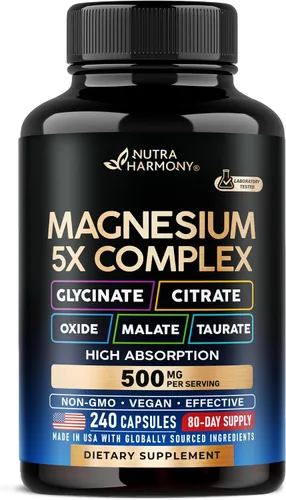 Vista 11 de Suplemento de magnesio - Complejo 5 en 1 Glicinato Citrato Malato Taurato Óxido - para mujeres y hombres - Soporte para el estrés