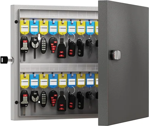 Vista 15 de Caja de 32 llaves con cerradura para llaves – Armario de llaves montado en la pared con doble cerradura (combinación de llave y 3 dígitos), estantes