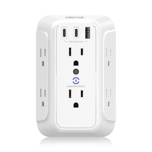 Vista 8 de Cargador de pared, protector de sobretensiones, extensor de 6 tomas de corriente con 3 puertos de carga USB (1 USB C, 3.4 A), regleta