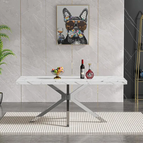 Vista 4 de HomVent Juego de mesa de comedor rectangular para 4, juego de mesa de cocina rectangular, juego de mesa de comedor de mármol sintético, juego