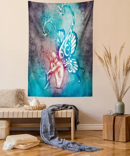 Vista 16 de Ambesonne Tapiz verde, fases lunares alrededor de un árbol de la vida, impresión de diseño bohemio de astrología nocturna, decoración de tela