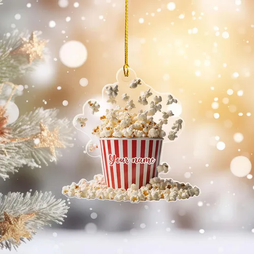 Vista 3 de Adorno de Navidad personalizado de máquina de palomitas de maíz 2025, caja de palomitas de maíz plana 2D, decoración de árbol, regalo único