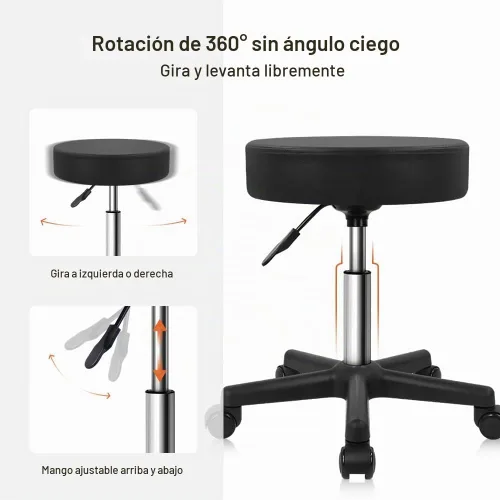 Vista 4 de KKTONER Taburete redondo con ruedas de cuero PU ajustable giratorio de trabajo de dibujo SPA Taburetes de salón Silla con ruedas Negro