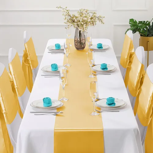 Vista 2 de Horbaunal Paquete de 12 Caminos de Mesa de Satén Amarillo Dorado de 12 x 108 Pulgadas, Caminos de Mesa Suaves para Bodas, Banquetes, Fiestas