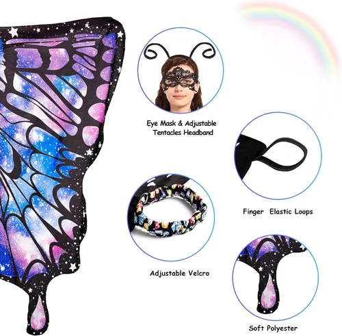 Vista 4 de Tibeha ButterflyWingsforWomen Kids - Double-SidedPrintingCostumeHalloweenGirls CapewithMaskandAntennaHeadband