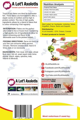 Vista 2 de A Lot'l Axolotls Copos de pescado tropical, mejora del color, alto contenido de proteínas, alimentos básicos, 2 onzas