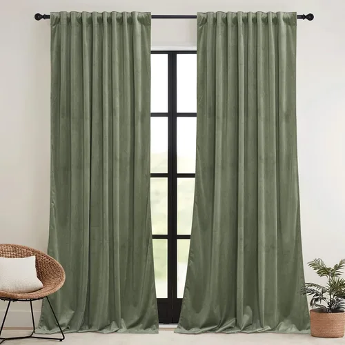 Vista 13 de RYB HOME Cortinas elegantes de terciopelo verde de 63 pulgadas de largo, bloqueo de luz, aislamiento térmico, elegantes cortinas de terciopelo