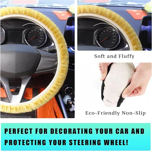 Vista 5 de Ziciner Funda elástica mullida para volante, protector suave de 15 pulgadas para el invierno cálido, fundas antideslizantes y esponjosas para Beige