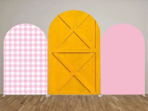 Vista 3 de Telón de fondo de arco Chiara, fundas elásticas de tela de elastano para puerta de granja para cumpleaños, baby shower, decoración de fiesta