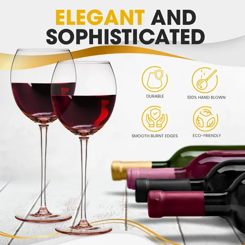 Vista 2 de Juego de 2 copas de vino tinto de colores, elegantes copas de vino de tallo largo, 13.3 onzas (rosa rosa)