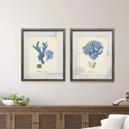 Vista 5 de Renditions Gallery Antique Coral in Navy (1) 2 Piece Framed Artwork Set, Underwater Ocean Themed Pair, Blue, Modern Distressed Silver Frame, White