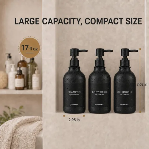 Vista 2 de Refillable Shampoo and Conditioner Bottles Set of 3, Matte Black modunful