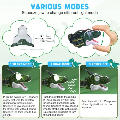 Vista 3 de COSOOS Linterna frontal LED para niños, equipo de camping, modo de rugido y silencio, lámpara de cabeza para exteriores para niño y niña, faro