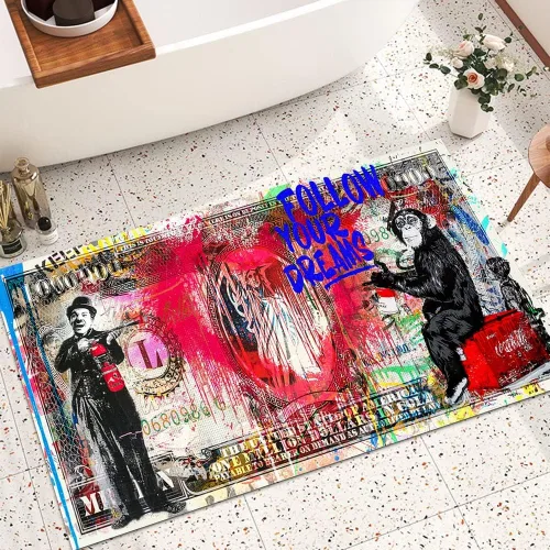 Vista 27 de GUBIYU Juego de 2 alfombras y tapetes de cocina color beige y dorado para billetes de 100 dólares, alfombra divertida y fresca para baño