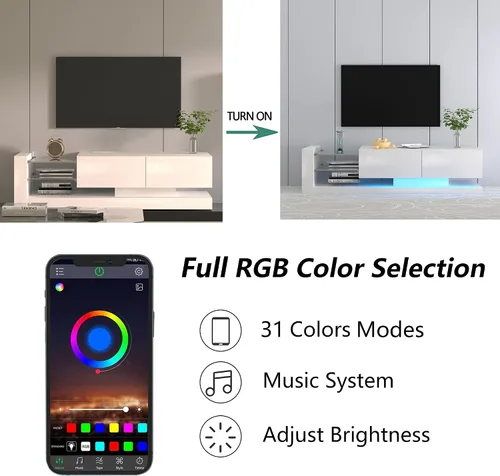 Vista 4 de Linique Soporte de TV multifuncional con luz LED, sistema de música, 2 puertos USB y 2 salidas de CA, moderno centro de entretenimiento con 2