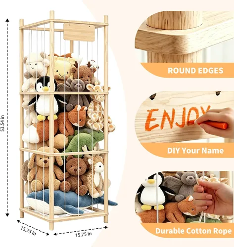 Vista 3 de Almacenamiento de animales de peluche, soporte de madera para juguetes de zoológico para habitaciones de niños, organizador de juguetes de ahorro