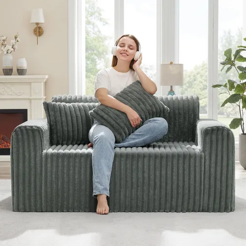 Vista 21 de Hobestluk Sofá Individual de Espuma Sillón Sofá para Espacios Pequeños Sofás Cómodos con Funda Extraíble Sofá Peludo con Almohadas para Sala