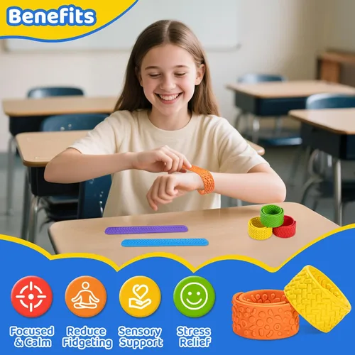 Vista 4 de Pulseras texturizadas – 6 juguetes sensoriales de silicona para niños, adolescentes y adultos – Herramientas calmantes para autismo, TDAH, ansiedad