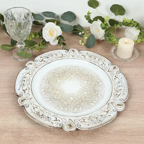 Vista 26 de Efavormart - Paquete de 6 platos de carga de plástico acrílico con relieve de encaje rústico dorado de 13 pulgadas