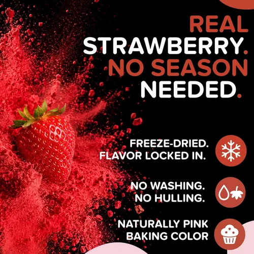 Vista 3 de Polvo de fresa liofilizado orgánico de fresas orgánicas liofilizadas – Rico en fibra, para batidos, hornear y colorante natural de alimentos rosa