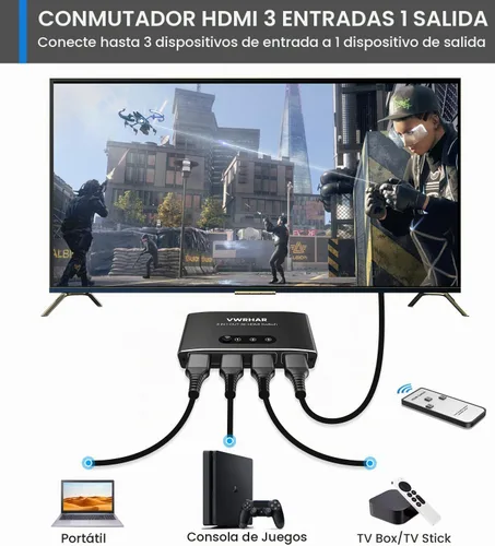 Vista 2 de Interruptor HDMI 3 en 1 Salida 4K UHD HDMI Switcher Splitter, interruptor automático con control remoto de metal HDMI Switch Box Hub Soporte 4K 3D