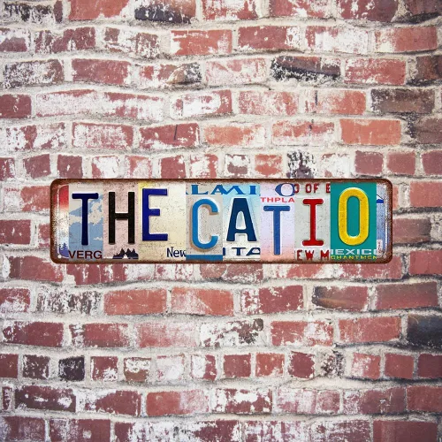 Vista 4 de Cartel de metal Catio – Regalo para los amantes de los gatos, divertida decoración de pared de patio de gatos para jardín, casa, bar y cueva