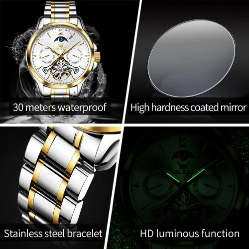 Vista 5 de OLEVS Watches Mens Automatic Self Winding Mechanical Gold Skeleton Fashion Luxury Dress Moon Phase Stainless Steel Tourbillon Mens Wrist Watch Day