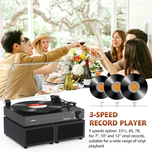Vista 4 de Reproductor de discos de vinilo con altavoces, tocadiscos portátil Bluetooth para discos de vinilo, fonógrafo LP con reproductor de 3 velocidades
