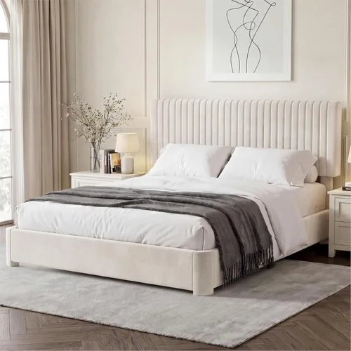 Vista 15 de Vipbear Base de cama tamaño Queen con heaboard, marco de cama tapizado de terciopelo de lujo con soporte de listones de madera, bajo y resistente