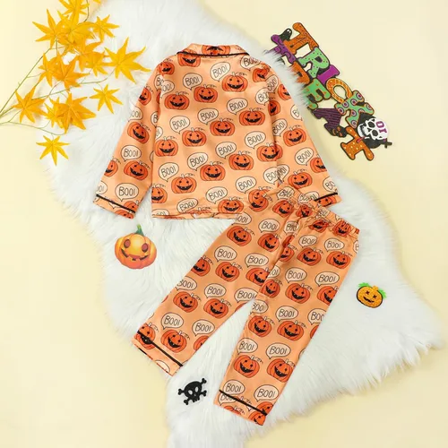 Vista 3 de Pijamas de Halloween para niños y niñas pequeñas, pijamas de seda de calabaza, manga larga, con botones, pantalones y 2 piezas