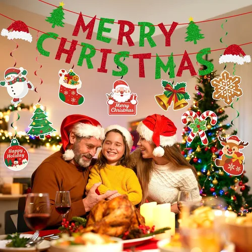 Vista 5 de jijAcraft 38 carteles de decoración navideña de Feliz Navidad, remolino colgante premontado, decoraciones de Navidad para interiores, decoración