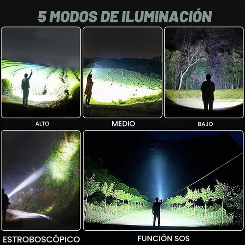 Vista 6 de Linternas recargables de 99,000 lúmenes, linterna LED súper brillante, altos lúmenes con cable USB, 5 modos, linterna impermeable, potente luz