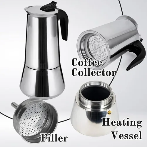 Vista 8 de Estufa de acero inoxidable Moka Pot Espresso Maker Percolator 12 tazas 20.3 fl oz portátil italiano Greca Cafetera cubana para gran familia, hogar