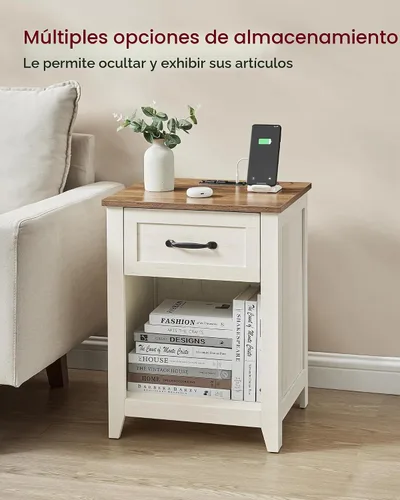 Vista 6 de VASAGLE Colección LIRY - Mesitas de noche de estilo granja con estación de carga, juego de 2 mesas de cabecera, mesas auxiliares con cajón Blanco