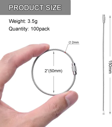 Vista 2 de 100 paquetes de llaveros de cable grandes de 6" con anillo de llavero de metal en masa para etiquetas de equipaje al aire libre (GRUESO: 2MM)