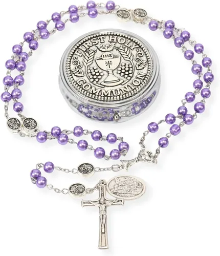 Vista 9 de Nazareth Store Collar de rosario de perlas de 0.315 in con medalla de San Miguel y centro de mesa de cáliz Rosarios de la Santa Comunión