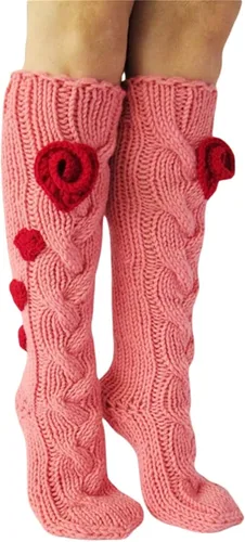 Vista 3 de YELAIVP Calcetines altos hasta la rodilla para mujer, de punto trenzado, con flores, casuales, para invierno, largos, para piernas