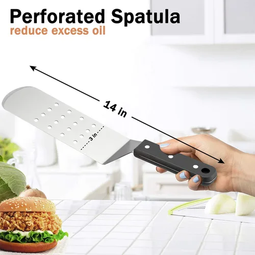 Vista 3 de HaSteeL Espátula de plancha de metal, acero inoxidable larga con mango remachado, girador de hamburguesas perforado resistente y sólido para cocinar